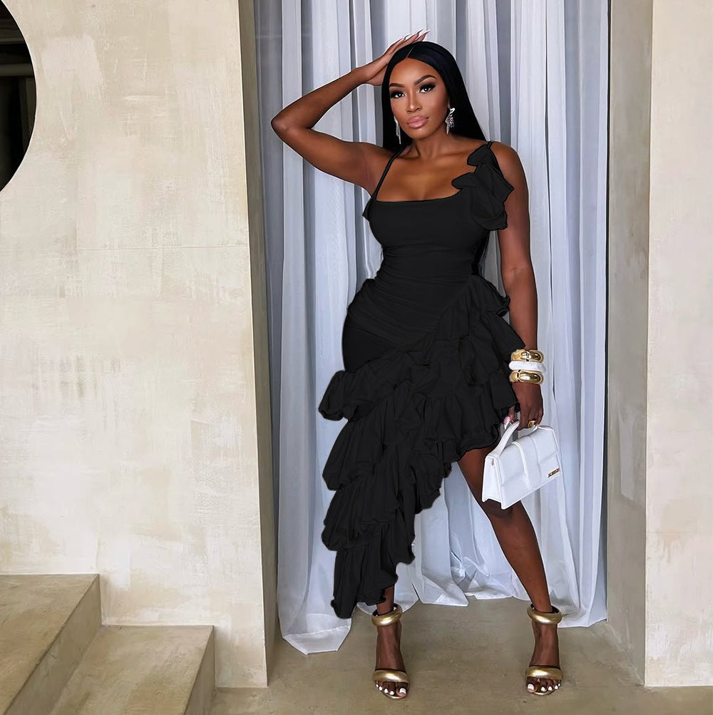 Summer Solid Color Sling Irregular Asymmetric Ruffled Ladies Dress Sexy Women Clothing Bella Mia